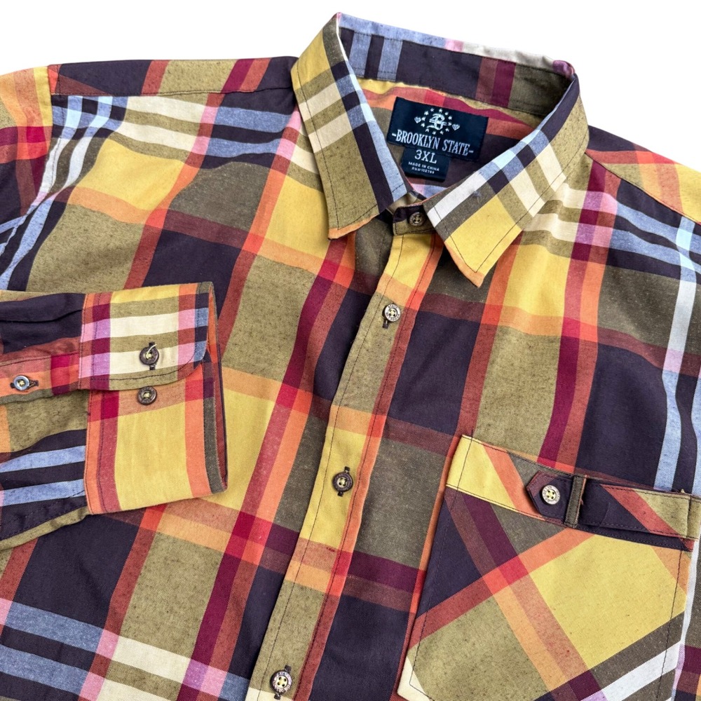 BROOKLYN STATE Mens‎ 3XL Plaid Long Sleeve Button Up Shirt Yellow Brown Red